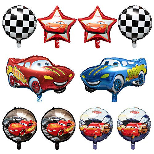 Laffact 10 Packs Race Car Foil Balloons, Double-Sided Racing Car Checkered Balloons Party Favors Decorations Supplies for Kids Boys Birthday Party Baby Shower, Lets Go Racing Birthday Celebration Set