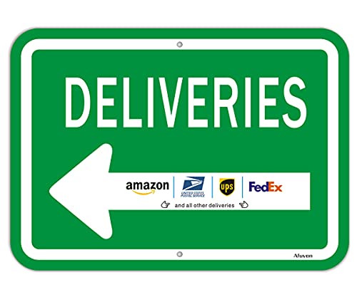Deliveries with Left Arrow Sign 10" x 14" Package Delivery Instructions for FedEx Amazon Ups USPS Sign Metal Reflective Rust Aluminum, UV Protected Waterproof Outdoor Use Fade-Resistant