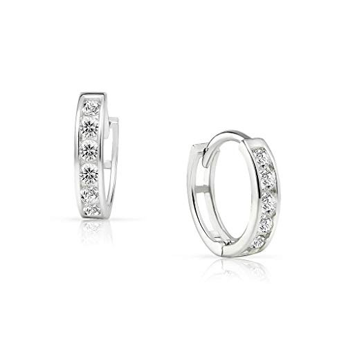 SolidSilver - Sterling Silver Huggie Hoop Earrings with Round Crystal Clear CZ