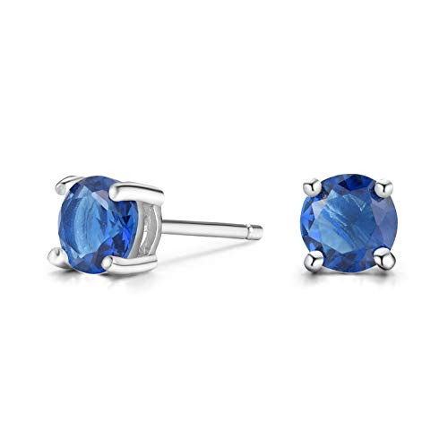 Women 6MM Sterling Silver Created Blue Sapphire Stud Earrings  -Round-