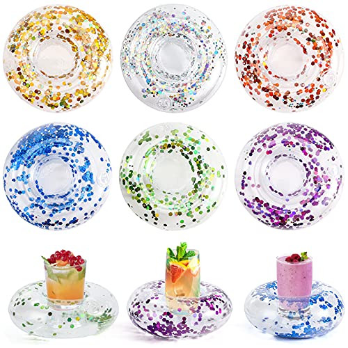 FUTUREPLUSX Inflatable Drink Holder, 12PCS Sparkling Confetti Drink Pool Floats Cup Holder Floats Inflatable Floating Coasters for Pool Party Water Fun Kids Bath Toys Shower