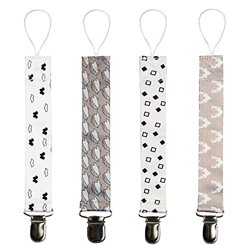 Pacifer Clip, Ynaicee 4 Pack Pacifier Holder Fits All Pacifier Styles  and  Teething Toys, Modern Designs Pacifier Strap, Teether Clip for Baby Boys and Girls - Gray