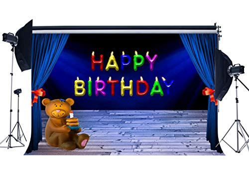 Wofawofa Happy Birthday Backdrop 5X3FT Vinyl Kids Birthday Cake Smash Backdrops Candles Curtain Stage Wood Floor Photography Background for Boys Girls Dessert Table Wallpaper Photo Studio Props EB20