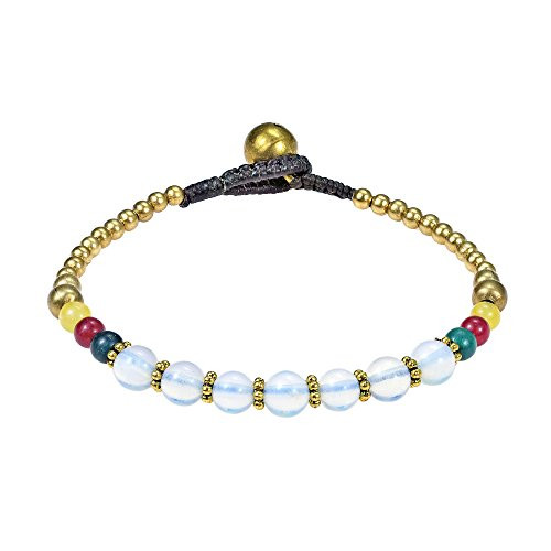 AeraVida Tribal Inspired Round Simulated Moonstone  and  Fashion Brass Beads Single Stand Link Bracelet