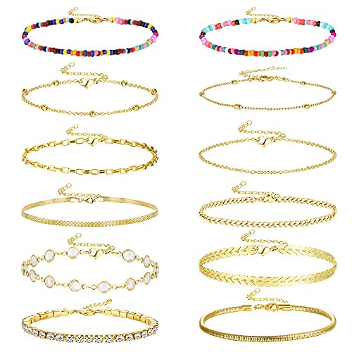 Fiasaso 12 Pcs Ankle Bracelet for Women Teen 14K Gold Plated Figaro/Herringbone/Cuban/Paperclip Link Snake Tennis Chain Layered Adjustable Anklet Set Beach Anklet Bracelet Gold Anklet Bead Anklets Fiasaso 12 Pcs Ankle Bracelet for Women Teen 14K Gold Plated Figaro/Herringbone/Cuban/Paperclip Link Snake Tennis Chain Layered Adjustable Anklet Set Beach Anklet Bracelet Gold Anklet Bead Anklets