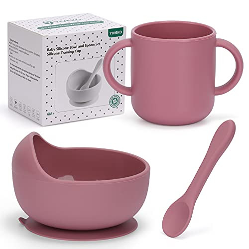 YIVEKO Baby Bowls First Stage Silicone Baby Spoons Bowls with Suction Silicone Baby Cup with 2 Handles, Baby Feeding Supplies Silicone Bowl and Spoon Set for Baby, Toddler and Kids-Pale Mauve
