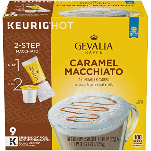 GEVALIA Caramel Macchiato, K-CUP Pods and Froth Packets, 9 Count