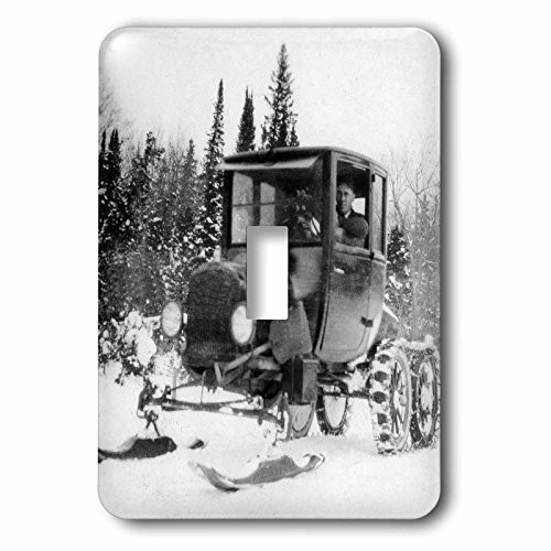 3dRose Scenes from the Past Magic Ephemera - Model T Ski Car Automobile On Skis Snow Shovel Snow Tires Vintage - Light Switch Covers - single toggle switch (lsp_240576_1)