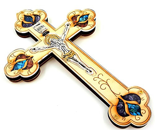Talisman4U 7" Wood Cross Wall Decor with Catholic Crucifix & Colorful Semi Precious Gemstones Blessed in Jerusalem Holy Land Gift Talisman4U 7" Wood Cross Wall Decor with Catholic Crucifix & Colorful Semi Precious Gemstones Blessed in Jerusalem Holy Land Gift