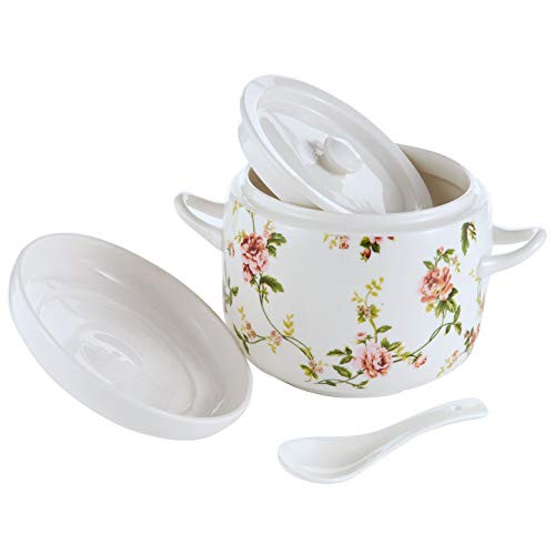 Small Ceramic Stew Pot with Lid and Spoon Premium Steam Soup Bowl Steaming Cup for Home Kitchen Egg Custard Medicinal Herbs Bird's Nest Tonic, Oven Dishwasher Safe, 650ML