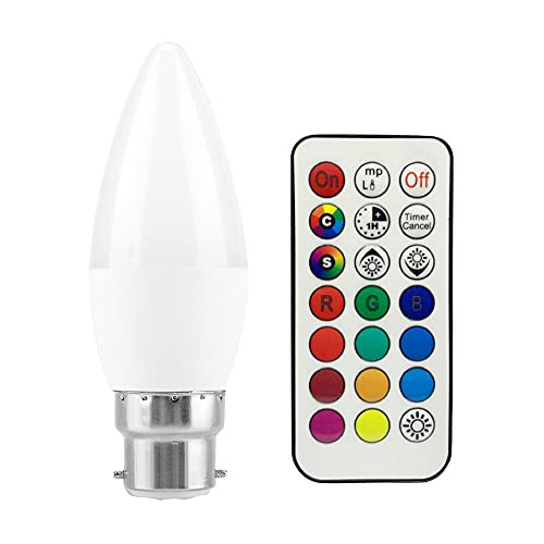 3W RGB B22 Candelabra LED Bulb with Remote Control RGB Light Bulb Dimmable Color Changing Candle Light Bulb for Home Decoration/Bar/Party/KTV Mood Ambiance Lighting -B22RGB plusCool White-