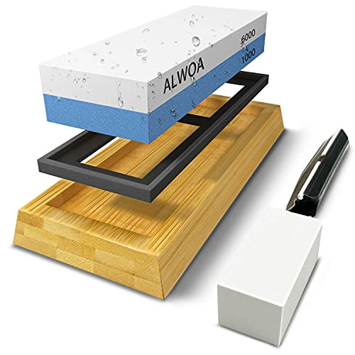 Sharp Pebble Whetstones Wood Carvers Sharpener-Dual Grit, Whetstone 1000/6000 - Bamboo Leather - Waterstone Knife Sharpener with Non Slip Bamboo Base