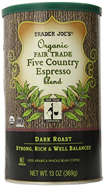TRADER JOES Organic Fair Trade Five Country Espresso Blend 100% Arabica Roasted Whole Bean Coffee, 13 Ounce TRADER JOES Organic Fair Trade Five Country Espresso Blend 100% Arabica Roasted Whole Bean Coffee, 13 Ounce