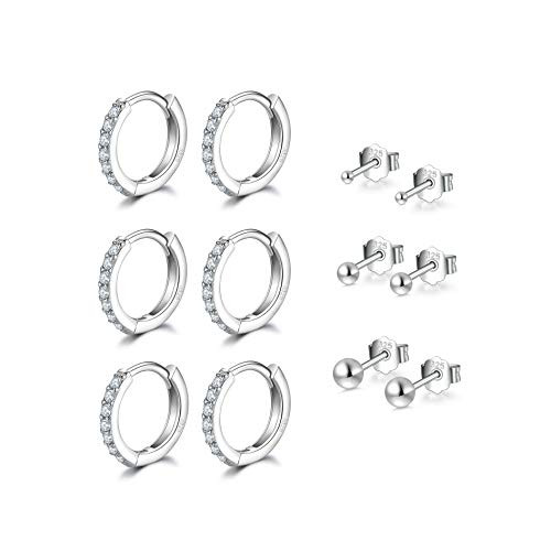 Sterling Silver Small Hoop Earrings for Women | 6 Pairs Hypoallergenic Huggie Cubic Zirconia Cartilage Earring Hoops, Tiny Round Ball Stud Earrings for Girls