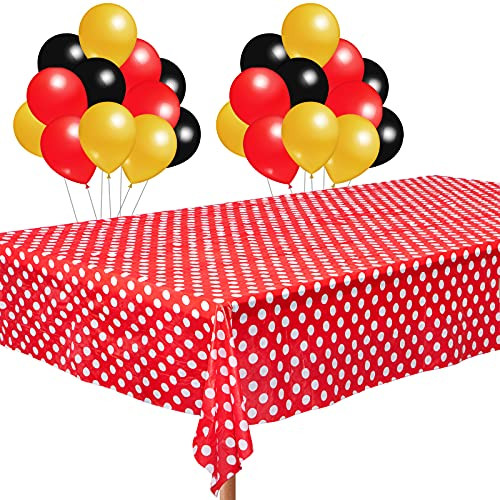 2 Pieces Red Polka Dot Plastic Tablecloth 54 x 108 Inch Red White Polka Dot Table Cover and 24 Pieces Balloons for Happy Birthday Party Decorations