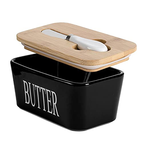 Hasense Butter Dish with Bamboo Lid and Knife, 650ml Large Butter Keeper Container for Counter, Airtight Butter Holder with Cover for Kitchen,Black