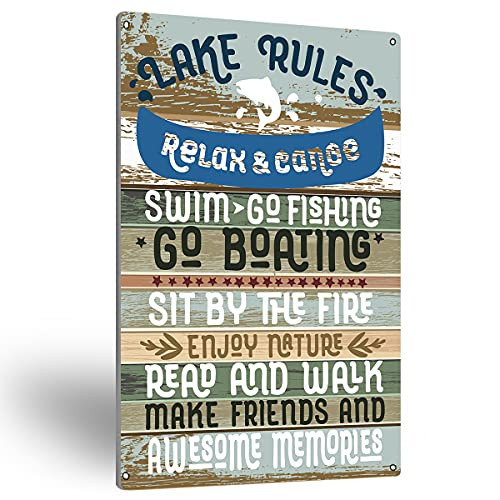 NISTOMISU Lake Rules Metal Tin Sign Wall Art Rutisc Signs Farmhouse Gifts for Home Lake House Wall Decor-8" x 12"-
