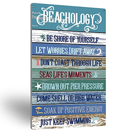 NISTOMISU Beach Rules Beachology Metal Tin Sign Wall Art Farmhouse Signs Gifts for Home Beach Country Wall Decor-8" x 12"-