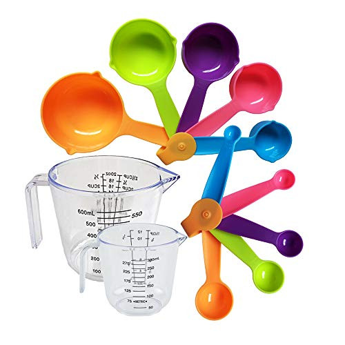 12 Piece Plastic Measuring Cups and Spoons set, Stackable Kitchen Measurement Tools, Dry, Wet and Liquid Use, Baking and Cooking Support