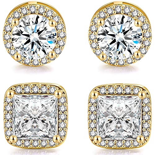 18K Gold Plated Cubic Zirconia Sterling Silver Post Brilliant Round Square Simulated Diamond Halo Stud Earrings -1-2 Pairs- 18K Gold Plated Cubic Zirconia Sterling Silver Post Brilliant Round Square Simulated Diamond Halo Stud Earrings -1-2 Pairs-