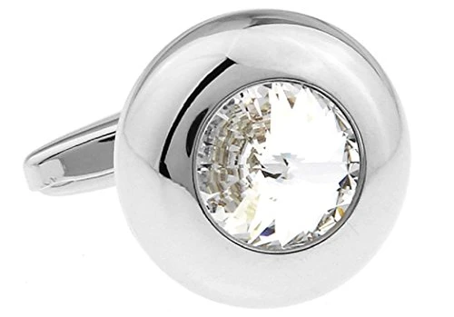 MRCUFF Round Clear Crystals Pair Cufflinks in a Presentation Gift Box  and  Polishing Cloth