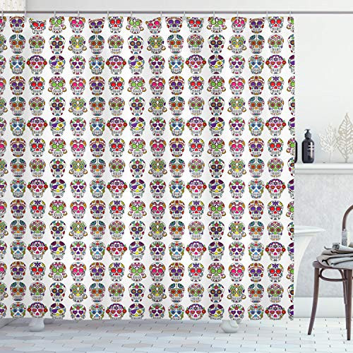 Ambesonne Sugar Skull Shower Curtain, Day of The Dead Colorful Skulls with Flowers Mexican Style Pattern, Cloth Fabric Bathroom Decor Set with Hooks, 75" Long, Red White Ambesonne Sugar Skull Shower Curtain, Day of The Dead Colorful Skulls with Flowers Mexican Style Pattern, Cloth Fabric Bathroom Decor Set with Hooks, 75" Long, Red White