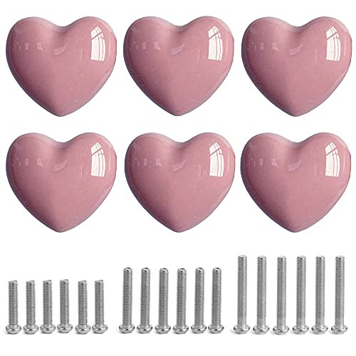 Perphin Ceramic Drawer Knobs Heart Shape Cabinet Dresser Pulls Handles with 3 Sized Screws, Kitchen Furniture Knobs for Closet Cupboard Wardrobe -6, Pink-