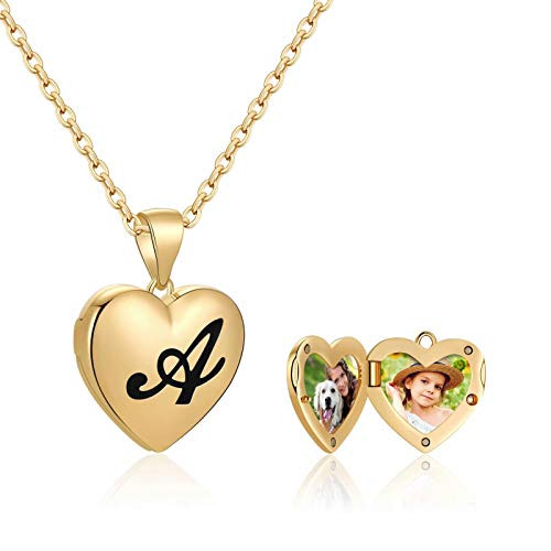 IEFWELL Locket Necklaces That Holds Pictures, 14K Gold Plated Heart Locket Necklace for Women Initial Necklaces Letter A Toddler Necklace for Girls