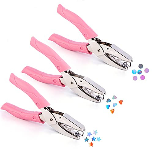 3 Pack Handheld Hole Paper Punch, Metal Single Hole Paper Punchers with Soft Grip, Circle Star Heart Shaped Holes Paper Punch for DIY Craft Tags Clothing Ticket - Pink