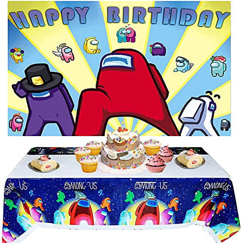 Among Birthday Decoration Backdrop and Tablecloth Photography Background for Us Men Boy KidsVideo Game Theme Birthday Party Supplies -5x3FT-