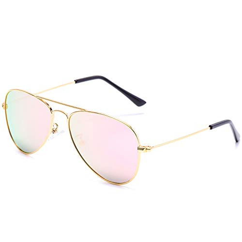 AZORB Kids Polarized Aviator Sunglasses Mirrored Lens Metal Frame Sun Glasses, 52MM -Gold/Pink Mirrored-