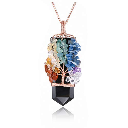 MANIFO 7 Chakra Crystal Tree of Life Wire Wrapped Quartz Necklace Natural Black Obsidian Healing Gemstone Point Pendant Necklace Jewelry Rose Gold