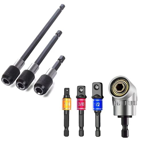MXiiXM Drill Bit Extension and Right Angle Drill Attachment Kit, 3Pcs 1/4 Hex Shank Screwdriver Bit Holder Extension Bar, 3Pcs Impact Socket Square Nut Driver Bit, 105 Right Angle Drill Adapter