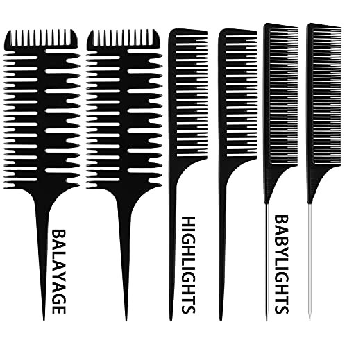 6 Pieces Highlighting Weaving Comb Dyeing Hair Comb Weaving Sectioning Foiling Comb Rat Tail Styling Hair Dyeing Combs for Highlights Foiling Balayage Hair Coloring