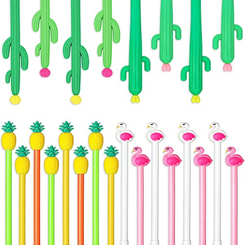 TaoBary 24 Pieces Hawaiian Luau Ballpoint Pens Black Gel Ink Pens Cute Flamingo Pineapple Cactus Pen 0.5 mm Rollerball Pen for Writing Students Kids Home Office School Supplies