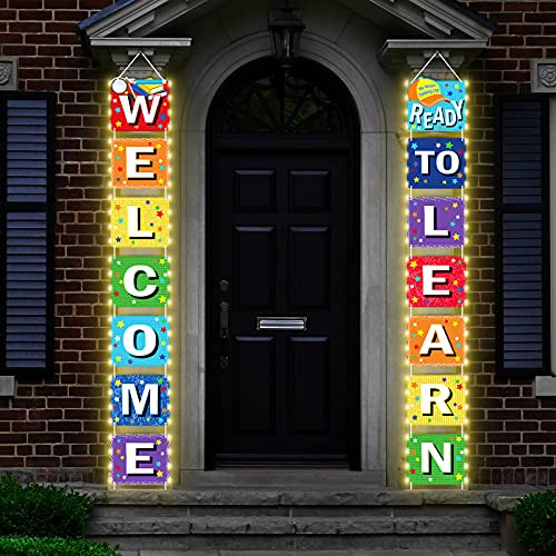 Harloon Welcome Back to School Banner First Day of School Banner Porch Sign LED String Lights Ready to Learn Hanging Door Banner for Classroom Photo Background Kindergarten Preschool High School Decor