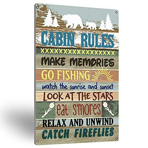NISTOMISU Cabin Rules Metal Tin Sign Wall Art Farmhouse Cabin Signs Gifts for Home Country Outdoor Decor-8" x 12"-