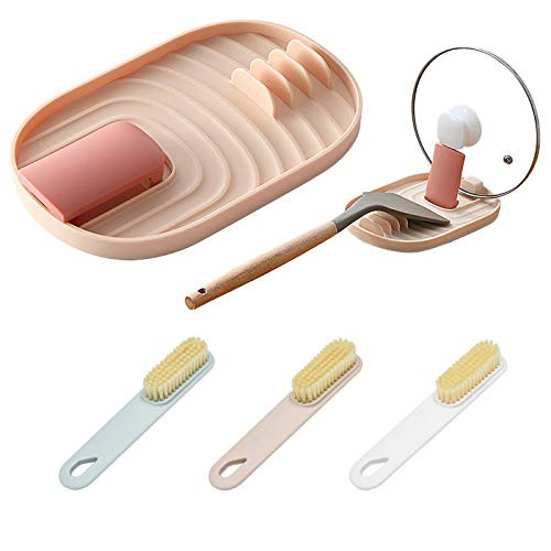 Spoon Rest for Kitchen Counter, Pot Lid Holder Spoon Rest for Stove Top, Spoon and Lid Rest Pot Lid Holder with 1 PC Brush, Kitchen Spoon Holder for Stove Top -Pink-