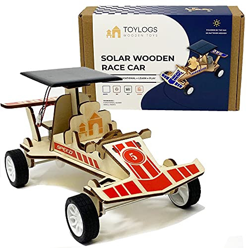 Solar Wooden Race Model Car Kit - STEM Projects for Kids Ages 8-12 - DIY Science 3D Puzzle Toy- Educational Building Mechanical Set for Girls and Boys  Motorized Wood Racing Vehicle with Stickers