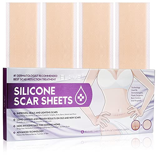Skincare Silicone Scar Sheets, Advanced Scar Removal Patch, Soften and Flattens Scars Resulting from Surgery, Injury, Burns, C-Section and More, 5.9"x1.6", 4 Sheets