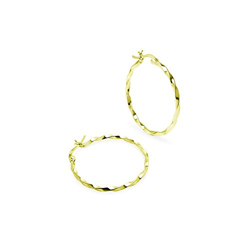 Sterling Silver Yellow Gold Flash Medium Twisted Round 1.5mm Thin Hoop Earrings Available in 30mm