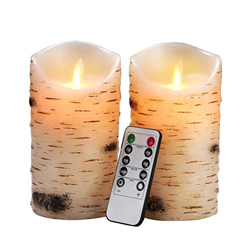 Flameless Candles LED Candles Birch Bark Effect Set of 2 -D:3.25" X H:6"- Ivory Real Wax Pillar Battery Operated Candles with Dancing LED Flame 10-Key Remote Control and Cycling 24 Hours Timer Flameless Candles LED Candles Birch Bark Effect Set of 2 -D:3.25" X H:6"- Ivory Real Wax Pillar Battery Operated Candles with Dancing LED Flame 10-Key Remote Control and Cycling 24 Hours Timer