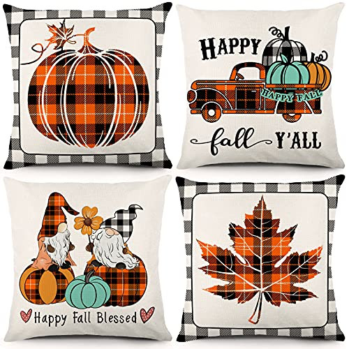 Bowount Fall Pillow Covers 18x18 Inch Set of 4 Autumn Decorations Throw Pillowcase Farmhouse Retro Buffalo Plaid Gnome Linen Cushion Case for Sofa and Home Decor