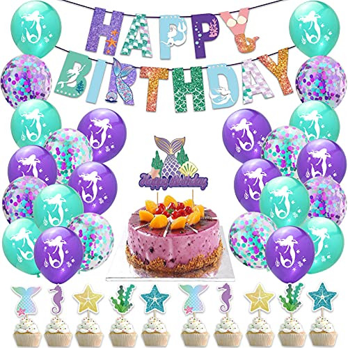 Mermaid party decorations Princess Girls Birthday Party Supplies favors, Mermaid Fairy Tale Party Kit Included Balloons Cake Cupcake Toppers Banner