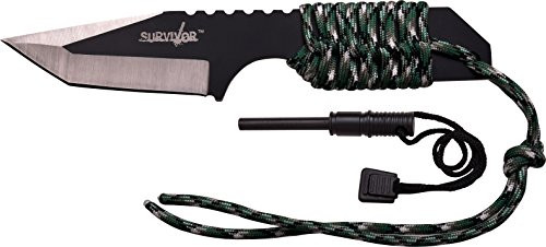 Survivor HK-106320DG Fixed Blade Outdoor Knife, Black Tanto Blade, 2-Tone Green Cord-Wrapped Handle, 7-Inch Overall