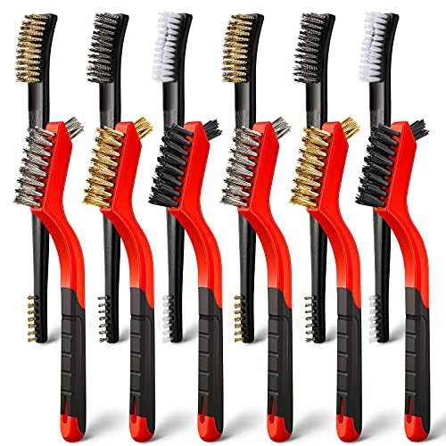 Wire Brush Nylon/ Brass/ Stainless Steel Bristles with Curved Handle Grip for Rust, Dirt  and  Paint Scrubbing with Deep Cleaning -12 Pieces-