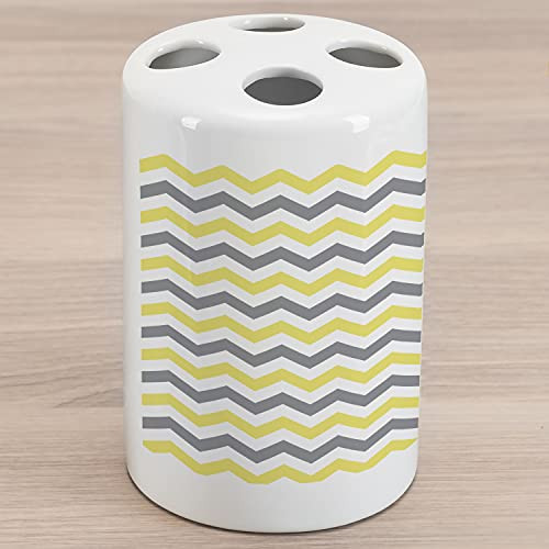 Lunarable Geometric Ceramic Toothbrush Holder, Horizontal Chevron Pattern Zigzag Endless Simplicity Design Print, Decorative Versatile Countertop for Bathroom, 4.5" X 2.7", Yellow White Grey