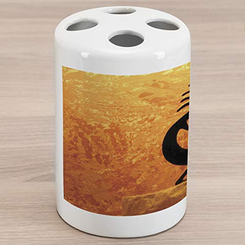 Lunarable Retro Ceramic Toothbrush Holder, Kokopelli Character Print on Grunge Background, Decorative Versatile Countertop for Bathroom, 4.5" X 2.7", Orange Black