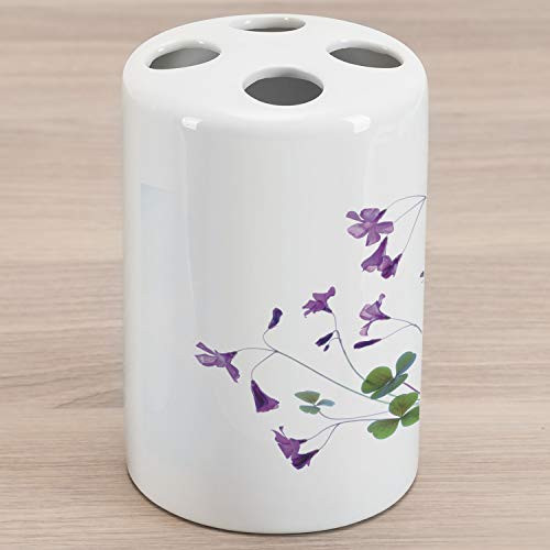 Lunarable Flower Ceramic Toothbrush Holder, Springtime Garden Wildflowers and Clovers Modern Floral Theme Graphic Print, Decorative Versatile Countertop for Bathroom, 4.5" X 2.7", White Purple Green