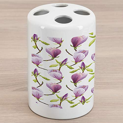 Lunarable Purple Ceramic Toothbrush Holder, Blooming Magnolias Summer Season Soft Pastel Colors Country Meadow Flowers Print, Decorative Versatile Countertop for Bathroom, 4.5" X 2.7", Green Lilac